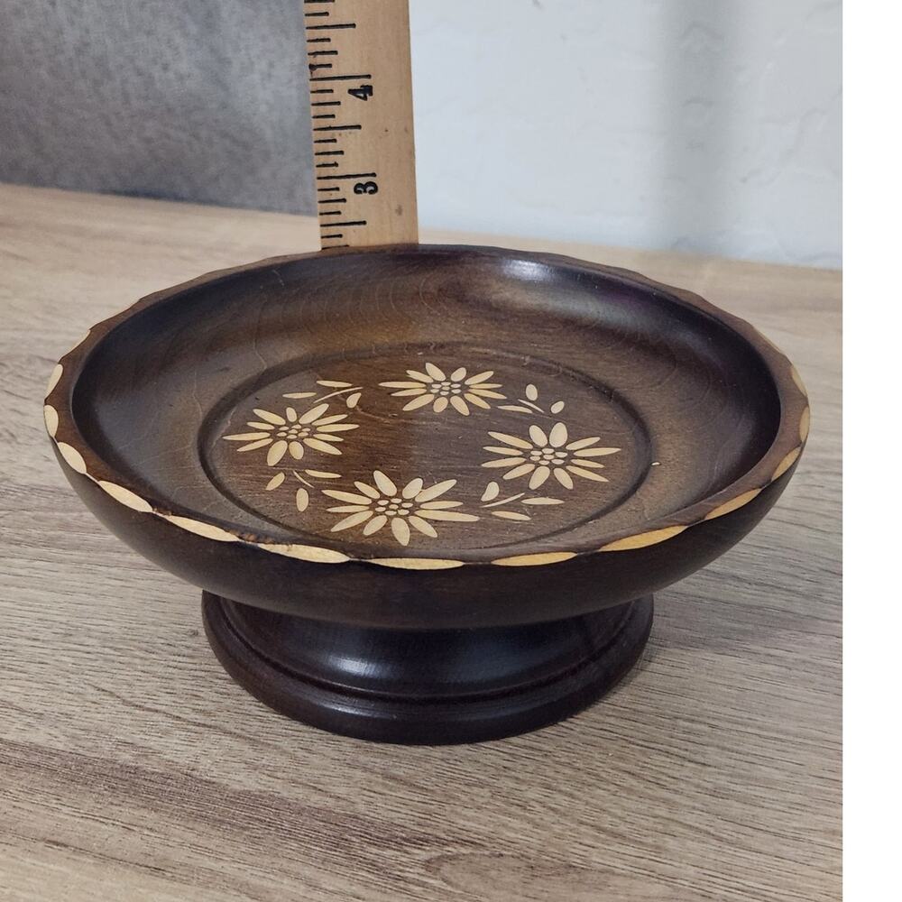 Vintage Swiss Musical REUGE Wood Carved Floral Dish Pedestal Stand Plate Round - Picture 10 of 10